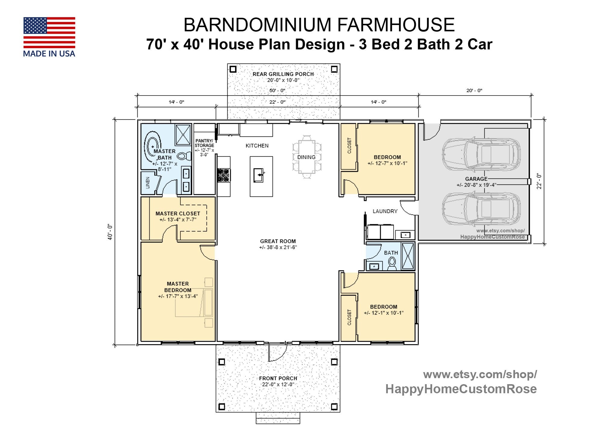 Grand Gable Barndominium Farmhouse - 70' x 40' House Plan Design - 3 Bed 2 Bath - Drawings Blueprints