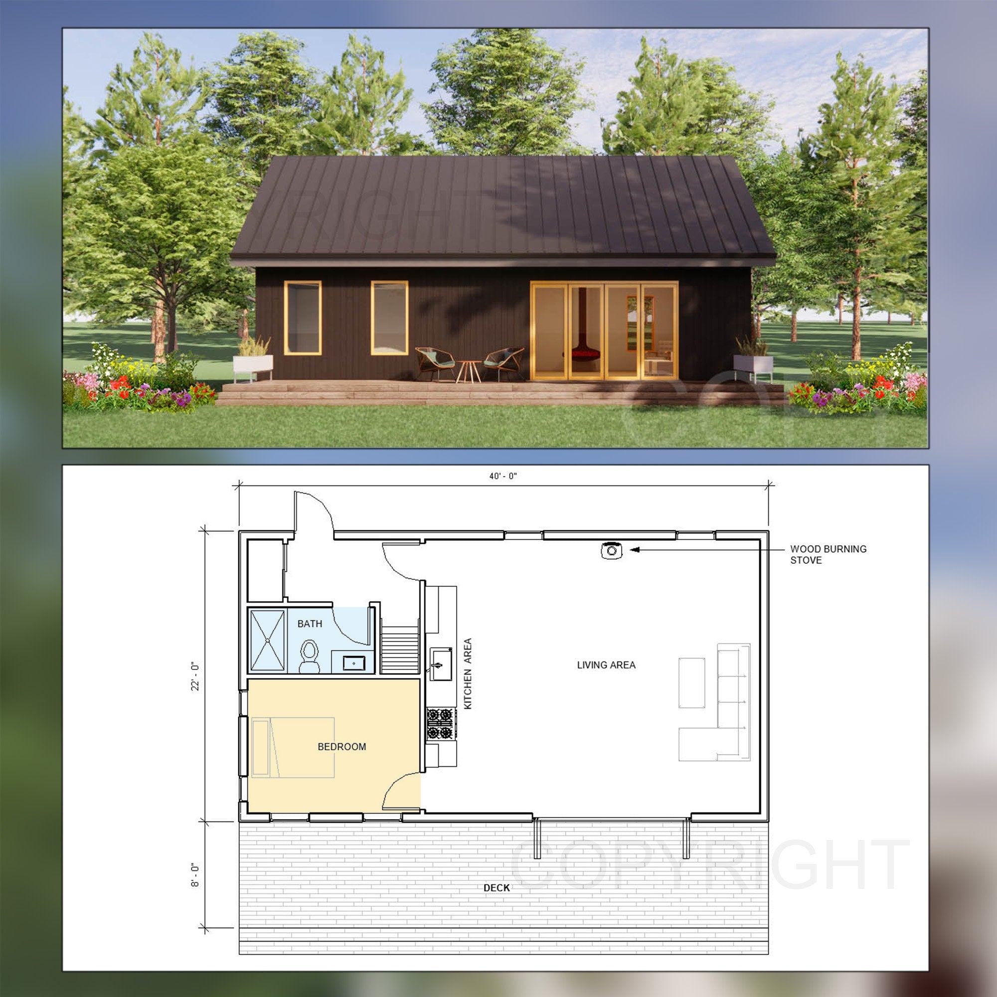 Modern Cabin Design - Minimal Scandavian 880 Square Feet - 2 Bed 1 Bath - Drawings Blueprints