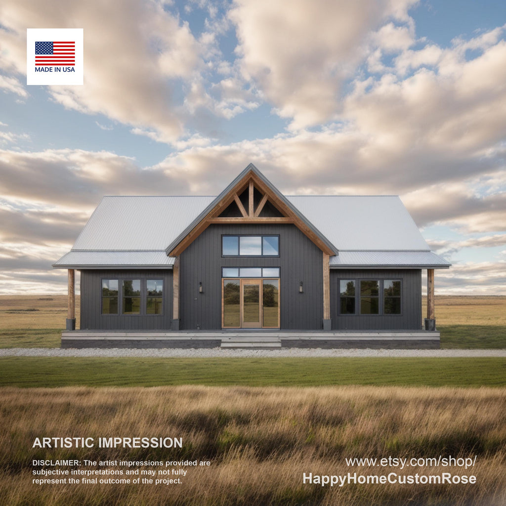 Bold Birch Barndominium Modern House Open Plan Design 54 x 36 - 3 Bed 2 Bath -  Drawings Blueprints