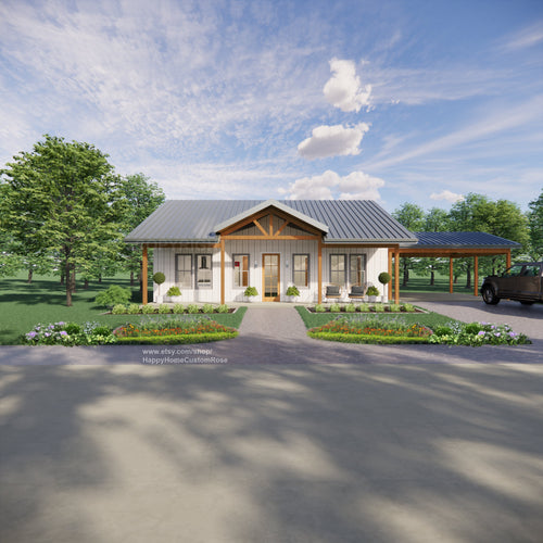 Affordable Idyllic Barndominium House Plan - 1170 SF, 2 Bed 2 Bath - Budget-Friendly Open Floor Plan Blueprints