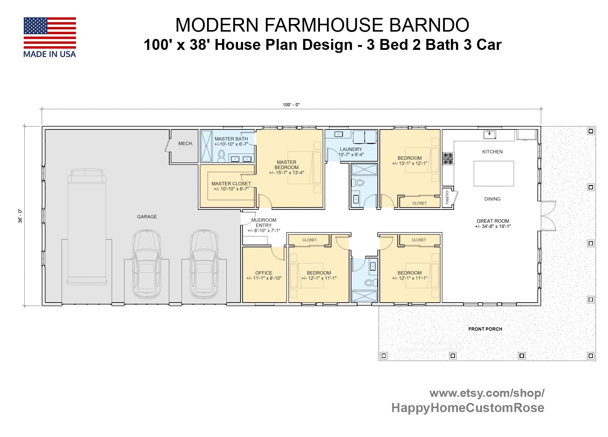 Brentwood Barn Barndominium House Plan - 100x36, 2310 SF, 4 Bed 3 Bath with 3-Car Garage