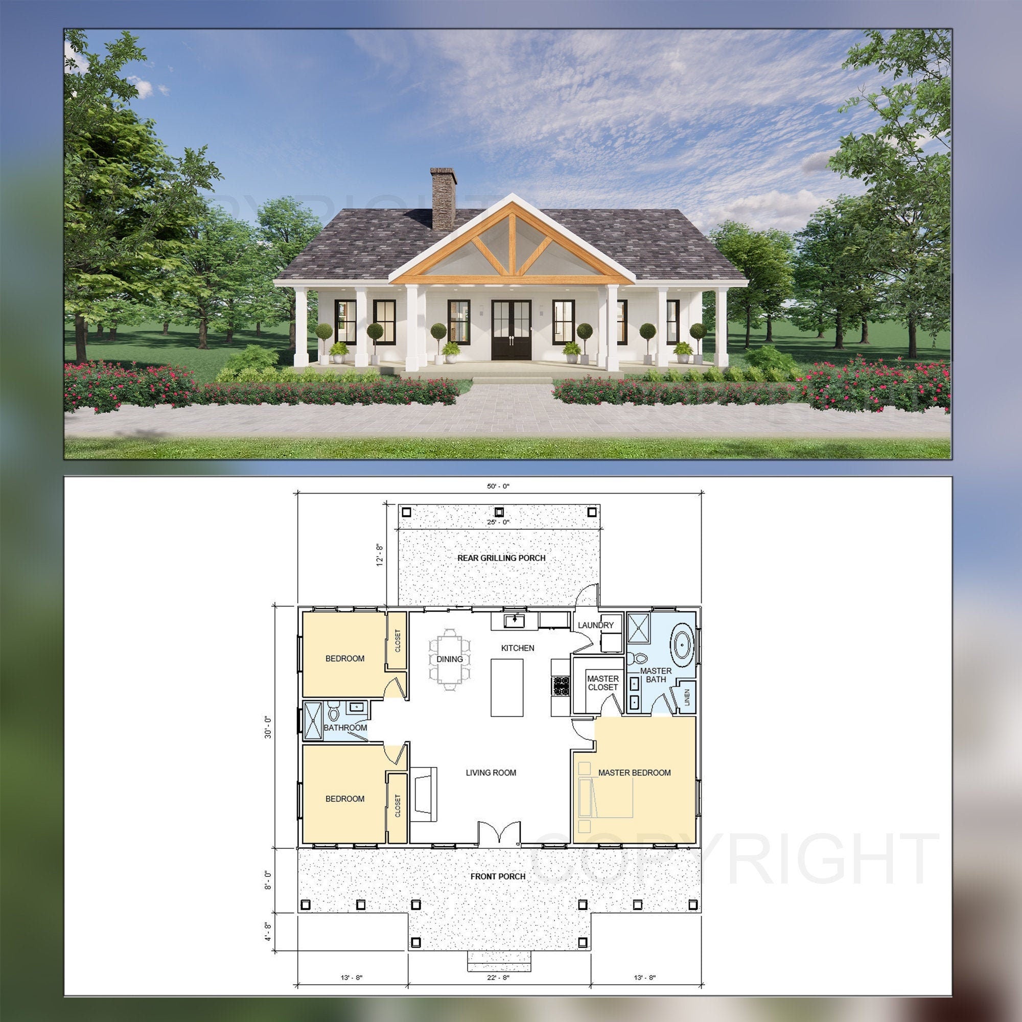 Cedar Springs Custom House Design - Modern Ranch Farmhouse 1500 Square Feet - Drawings Blueprints - Wood Truss