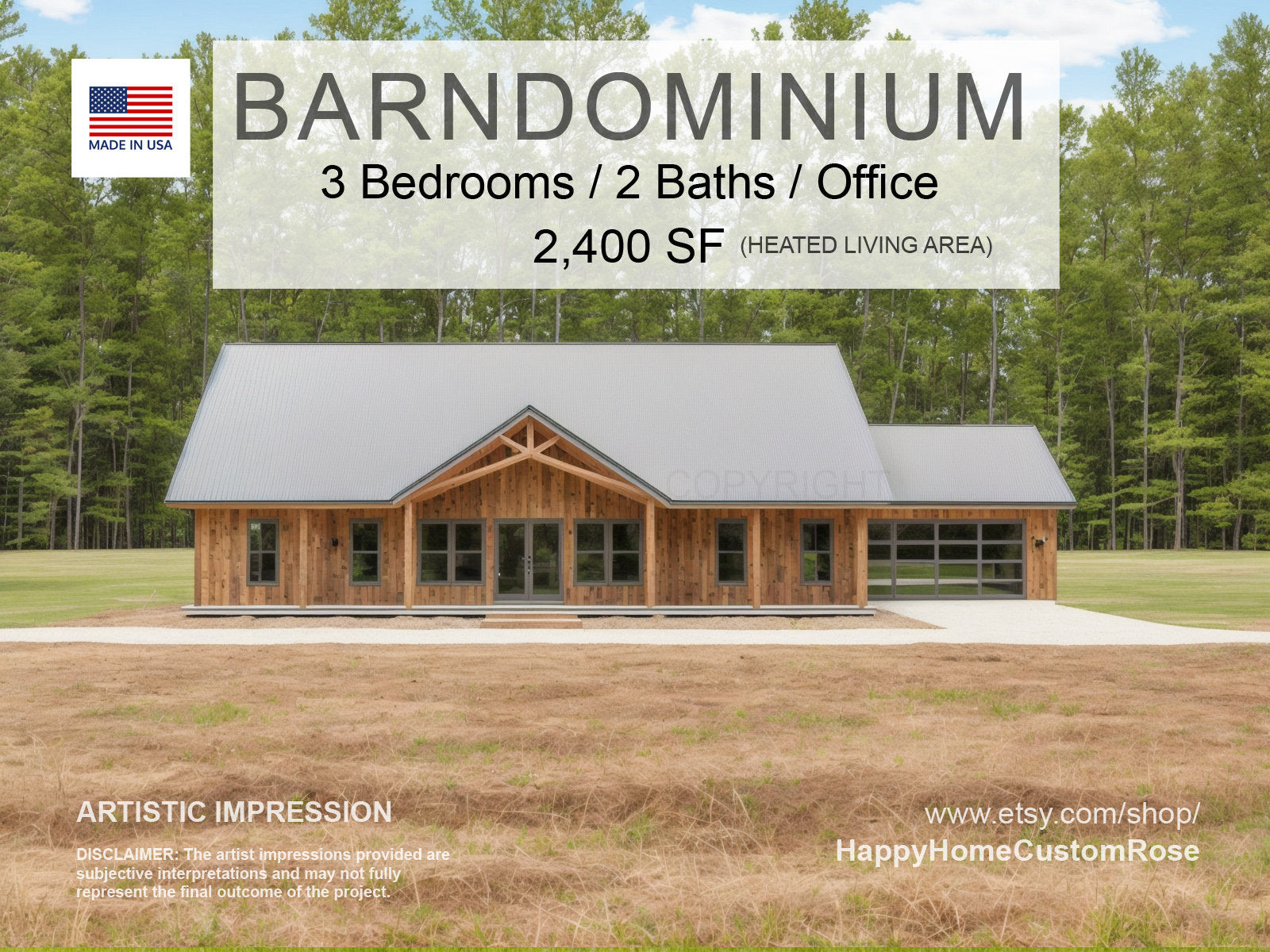 Farmhouse Barndominium - 40' x 60' House Plan Design - 3 Bed 2 Bath - Drawings Blueprints