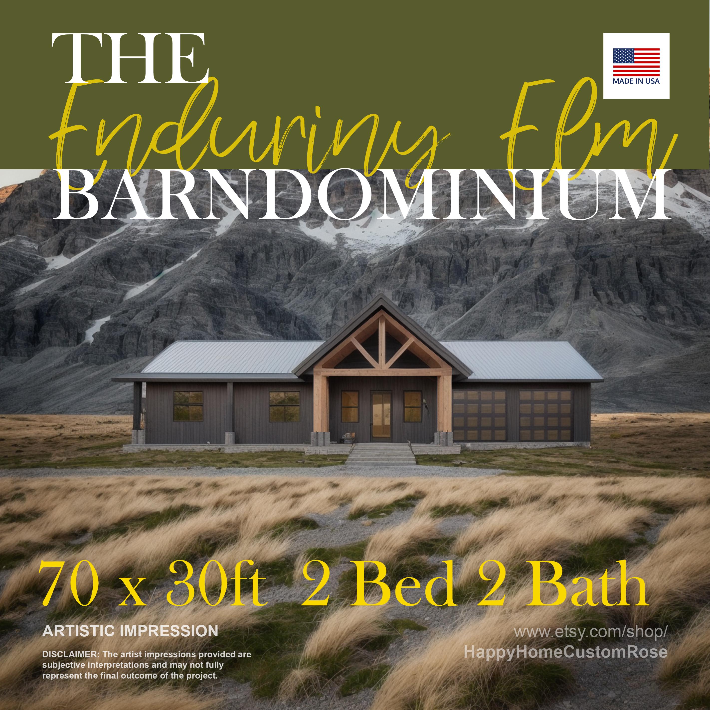 Enduring Elm Barndominium Modern House Open Plan Design 70 x 30 - 2 Bed 2 Bath -  Drawings Blueprints