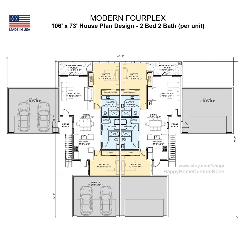Hip Roof Fourplex Investment Rental Plan - 8 Bed 8 bath - Modern Spacious Multifamily - Drawings Blueprints - Investment Property