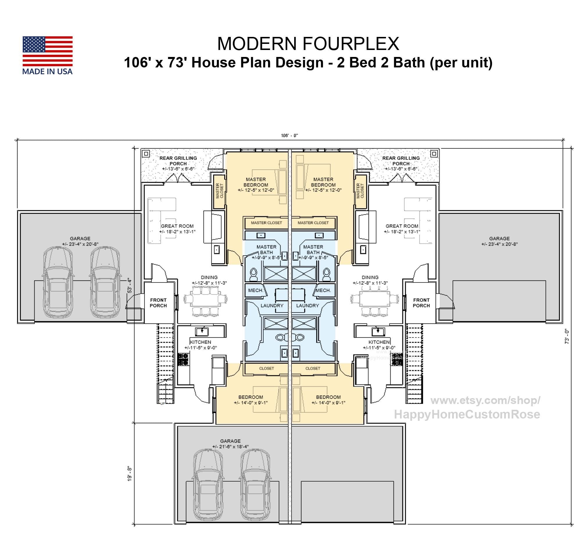 Hip Roof Fourplex Investment Rental Plan - 8 Bed 8 bath - Modern Spacious Multifamily - Drawings Blueprints - Investment Property