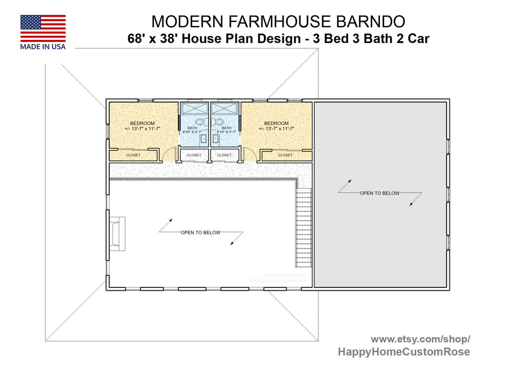 Farmhouse Barndo House Plan - 68x38, 3 Bed 3 Bath with 2-Car + RV Garage - Modern Blueprints