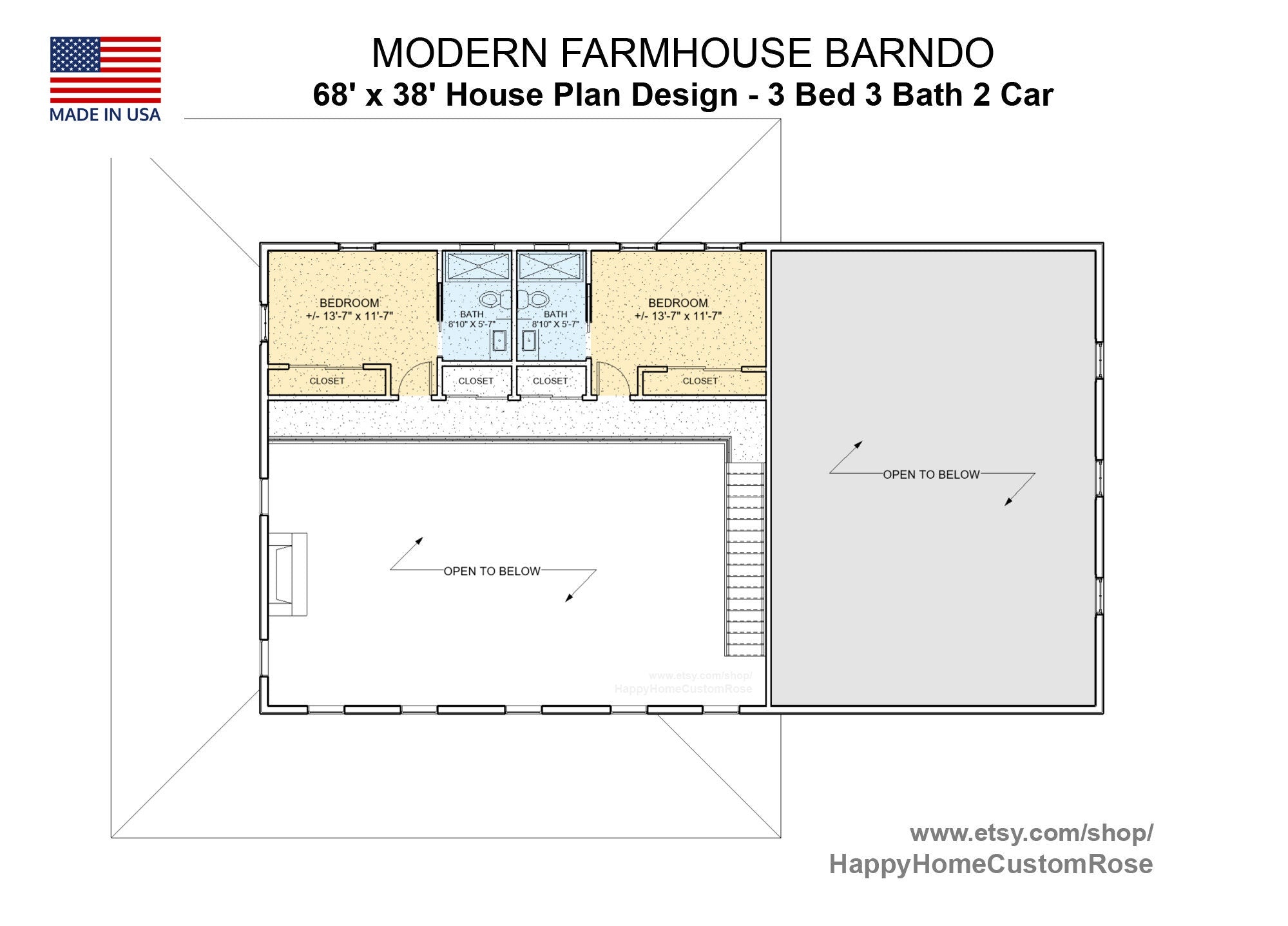 Farmhouse Barndo House Plan - 68x38, 3 Bed 3 Bath with 2-Car + RV Garage - Modern Blueprints