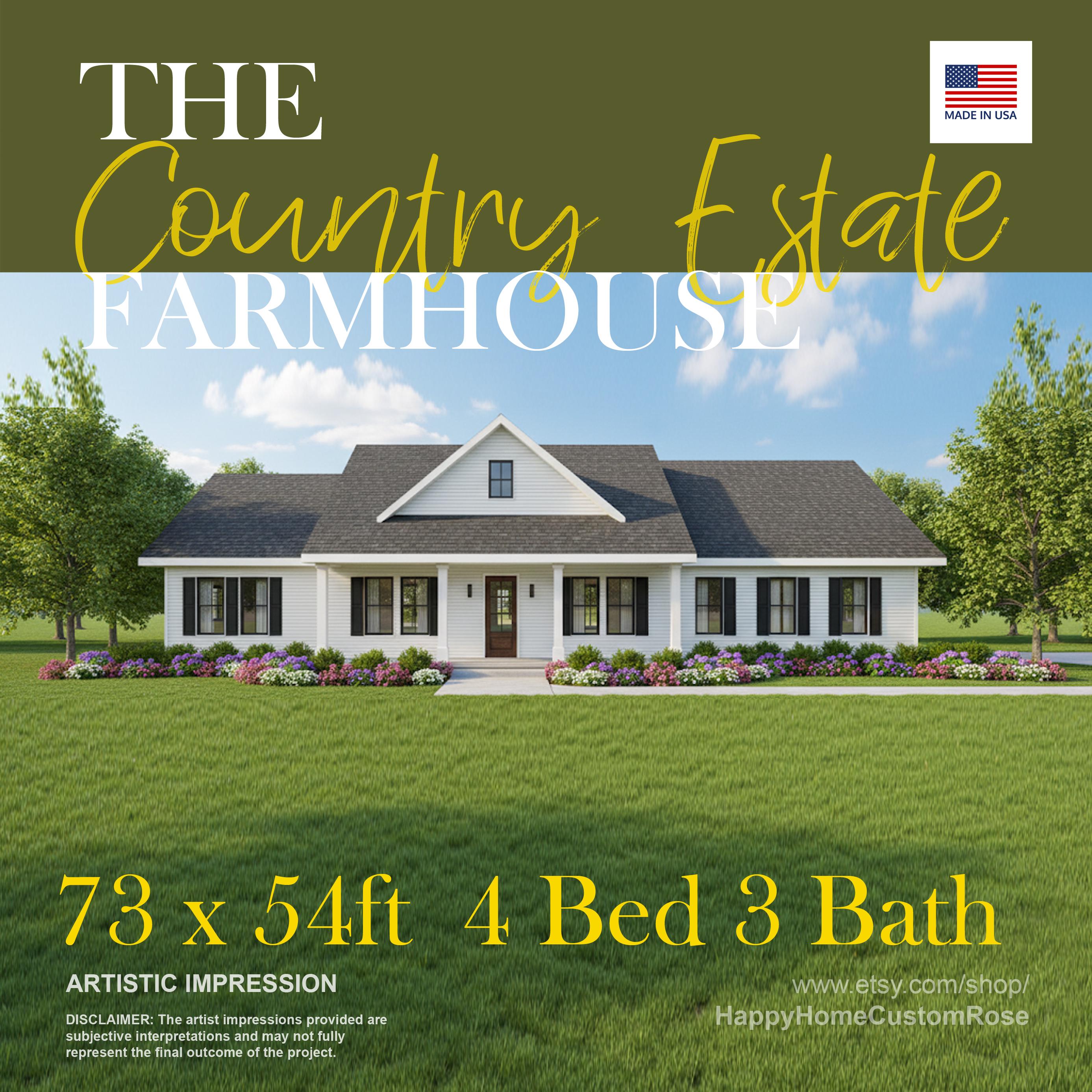 Country Estate Farmhouse House Plan - 2305 SF, 4 Bed 3 Bath - Modern Open Floor Plan Blueprints