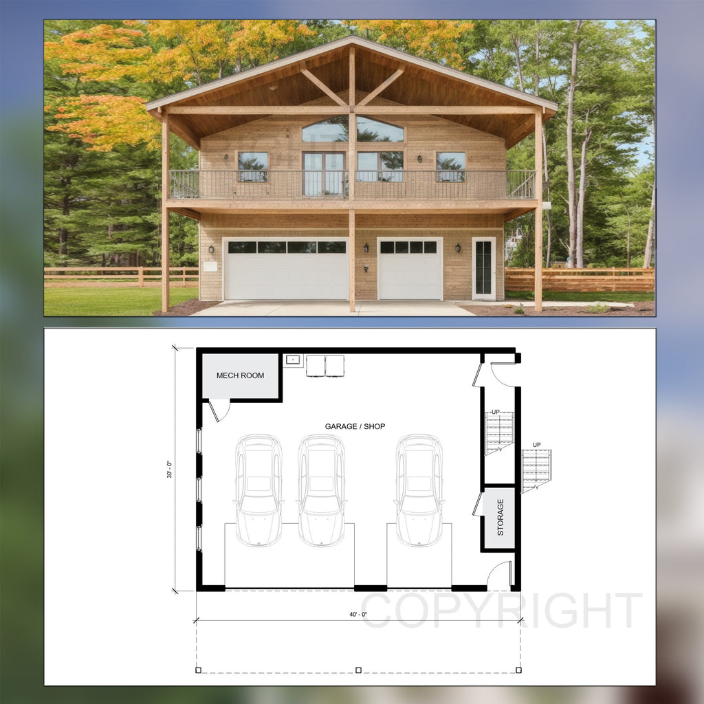 Big Sky Barndominium House Plan Design - 2 Bed 2 Bath 2400 sq ft - 3 Garage - EXPANSIVE DECK - Drawings Blueprints