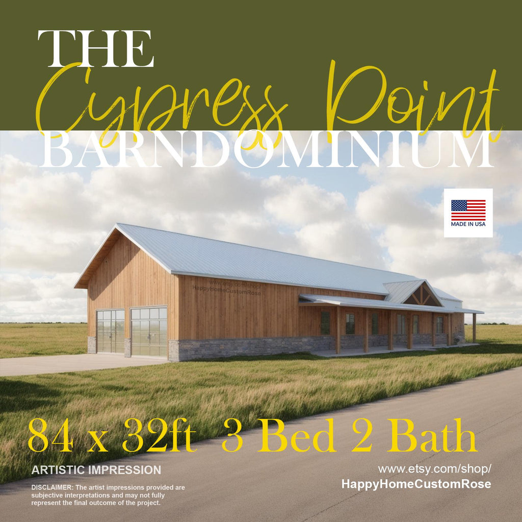 Cypress Point Barndominium - 84' x 32' House Plan Design - 3 Bed 2 Bath - Drawings Blueprints