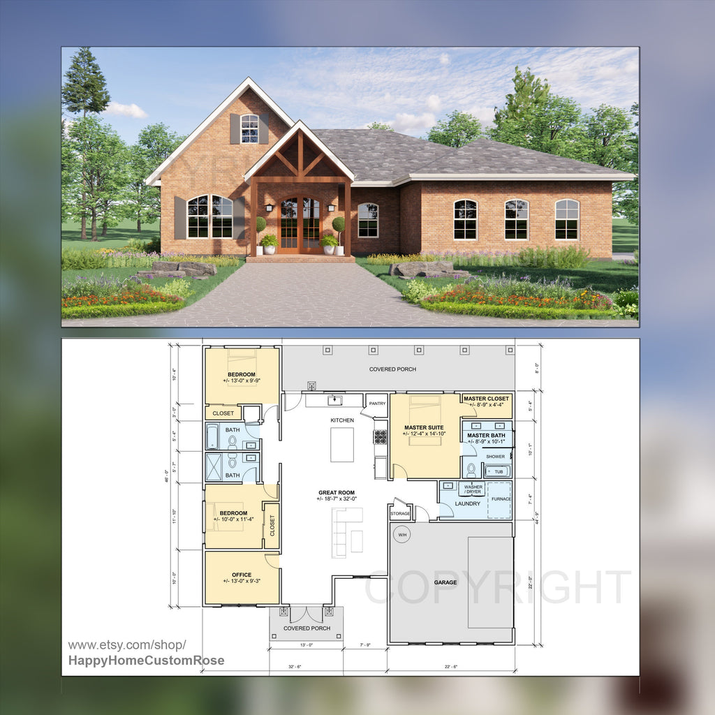 Brick Lane Farmstead House Plan - 55x46, 1823 SF, 3 Bed 3 Bath with Office - Modern Blueprints