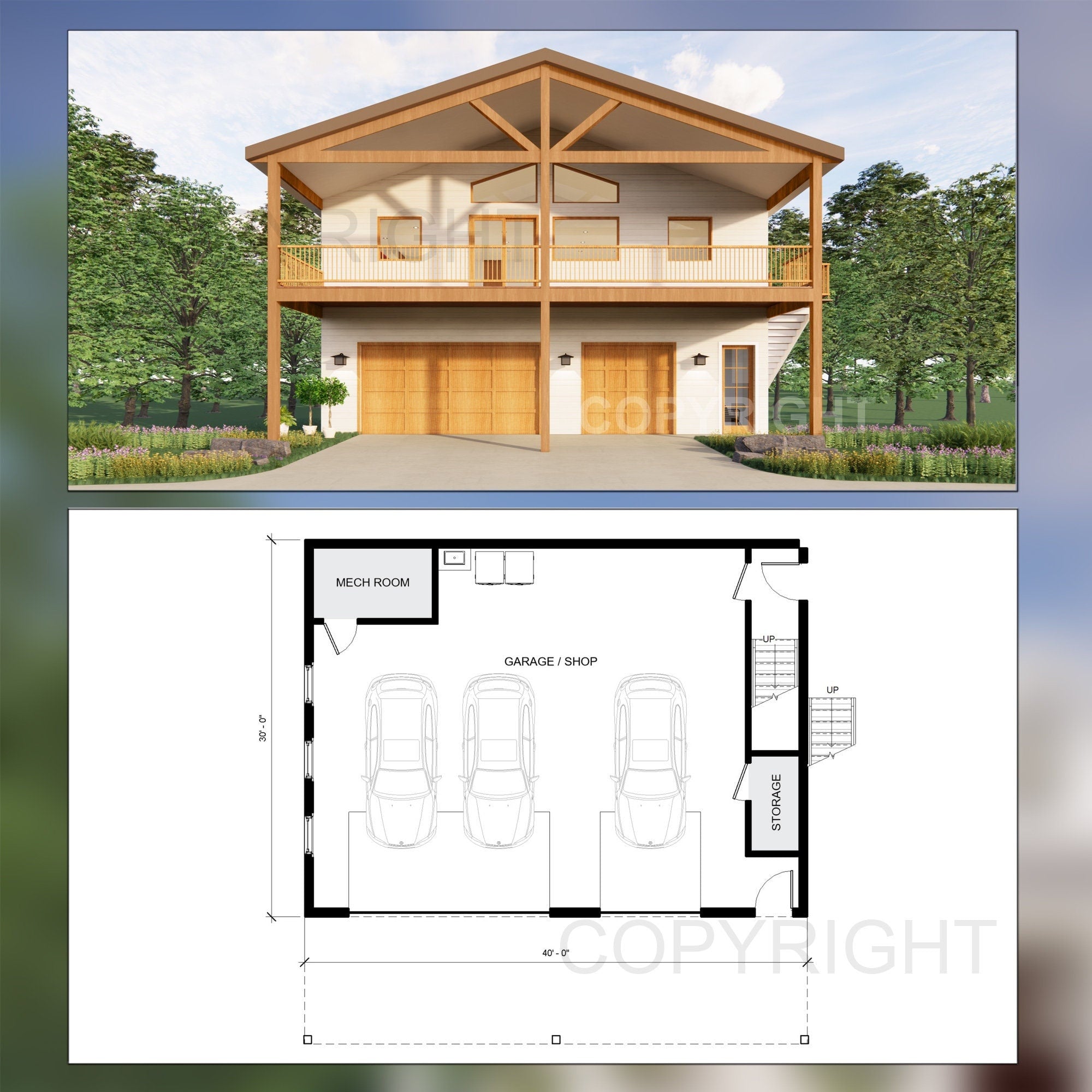 Big Sky Barndominium House Plan Design - 2 Bed 2 Bath 2400 sq ft - 3 Garage - EXPANSIVE DECK - Drawings Blueprints