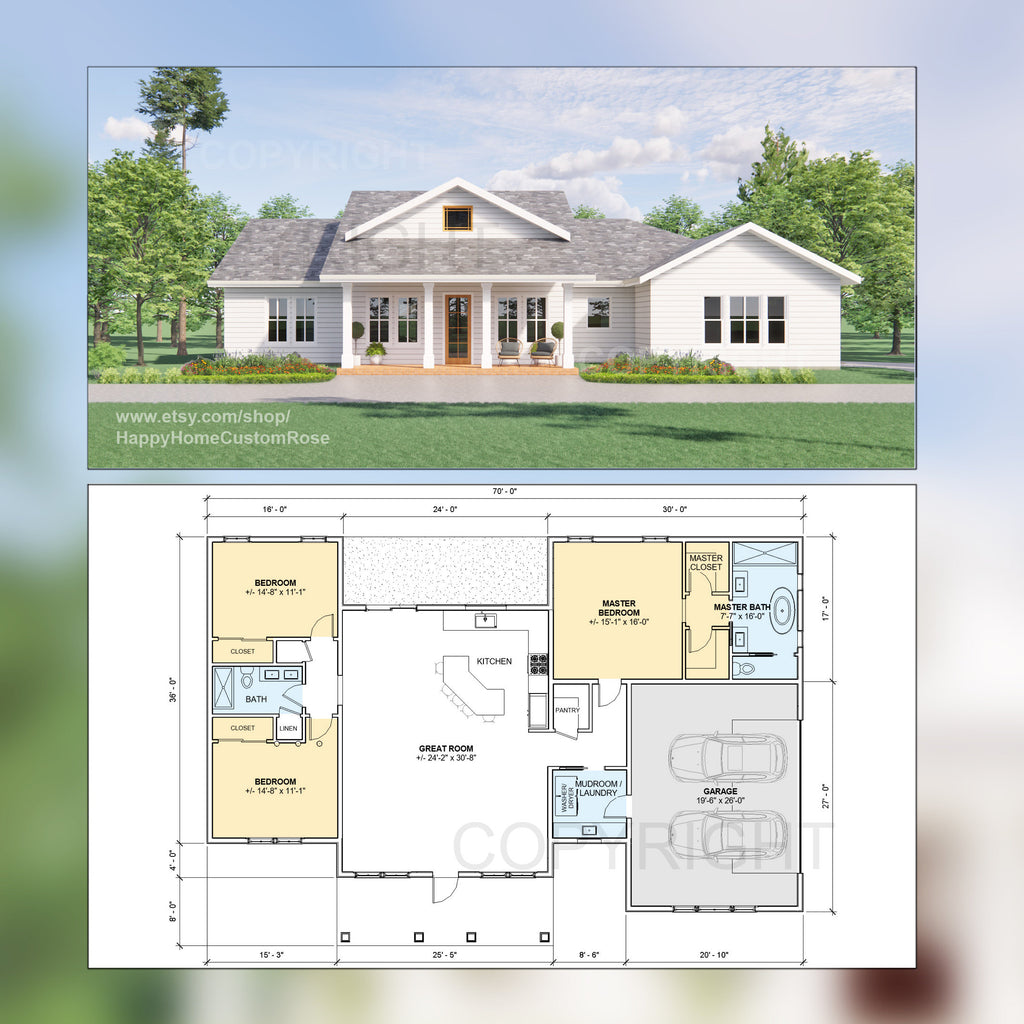 Majestic Maple Modern House Open Plan Design 70 x 48 - 3 Bed 2 Bath - 2050 Square Feet -  Drawings Blueprints