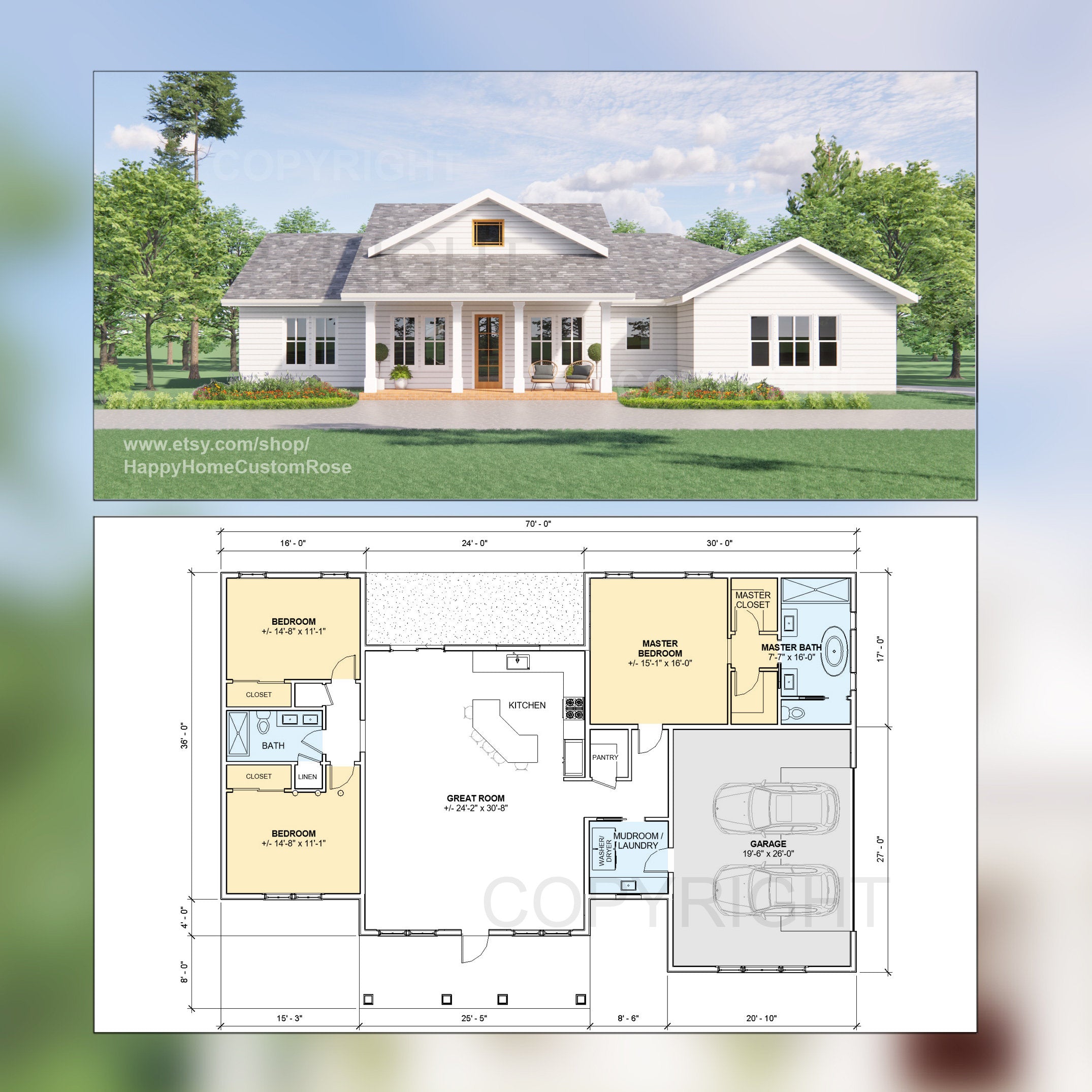 Majestic Maple Modern House Open Plan Design 70 x 48 - 3 Bed 2 Bath - 2050 Square Feet -  Drawings Blueprints