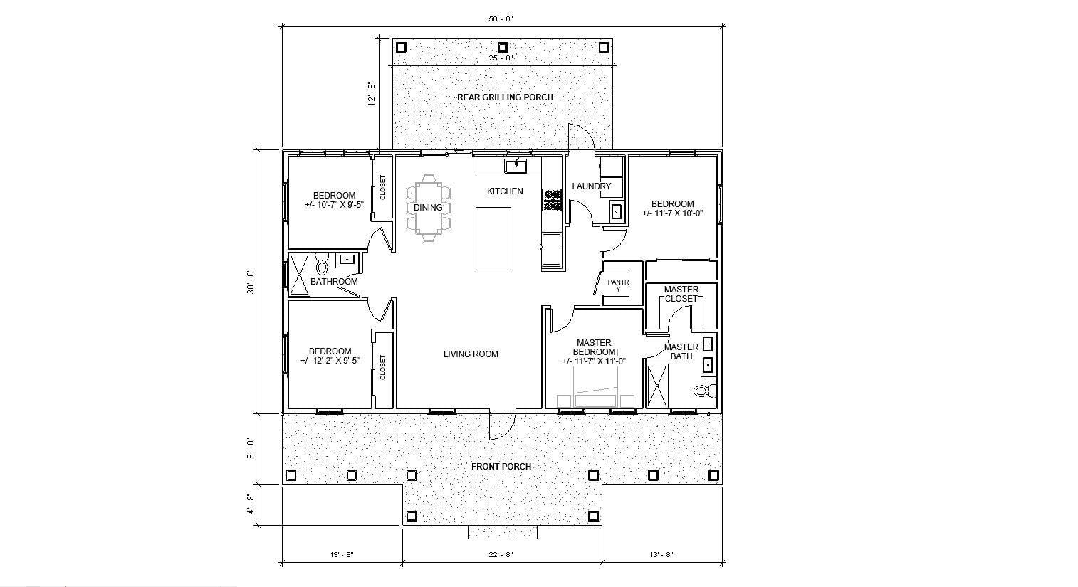 Redwood Terrace Custom House Plans and Blueprints - Spacious 4 Bed 2 Bath - 50'x30' - 1500 Square Feet - Drawings Blueprints - Wood Truss