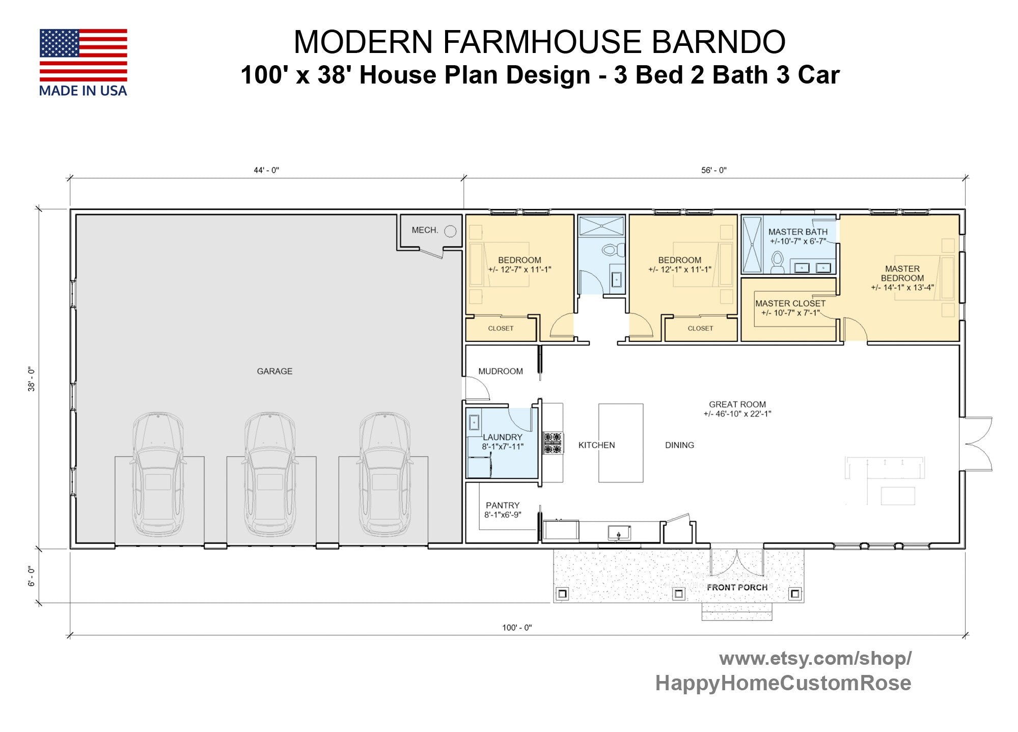High Ridge Farmstead House Plan - 100x38, 2135 SF, 3 Bed 2 Bath with 3-Car Garage & Workshop