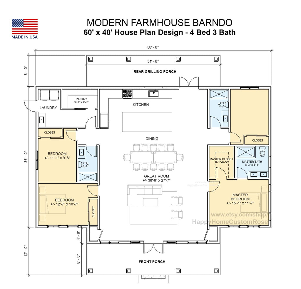 Ashwood Farmhouse Barndominium House Plan - 60x40, 2296 SF, 4 Bed 3 Bath - Modern Open Floor Plan
