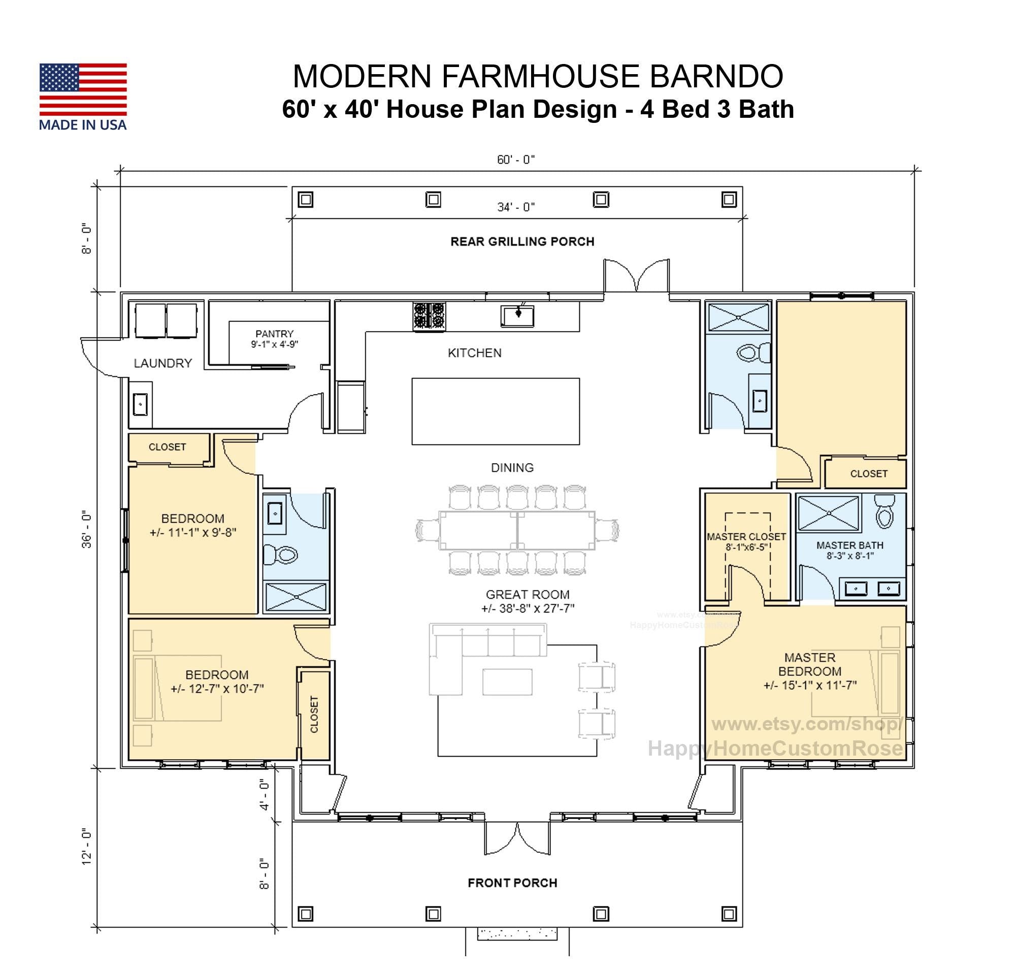 Ashwood Farmhouse Barndominium House Plan - 60x40, 2296 SF, 4 Bed 3 Bath - Modern Open Floor Plan