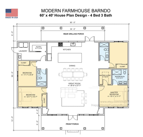 Ashwood Farmhouse Barndominium House Plan - 60x40, 2296 SF, 4 Bed 3 Bath - Modern Open Floor Plan