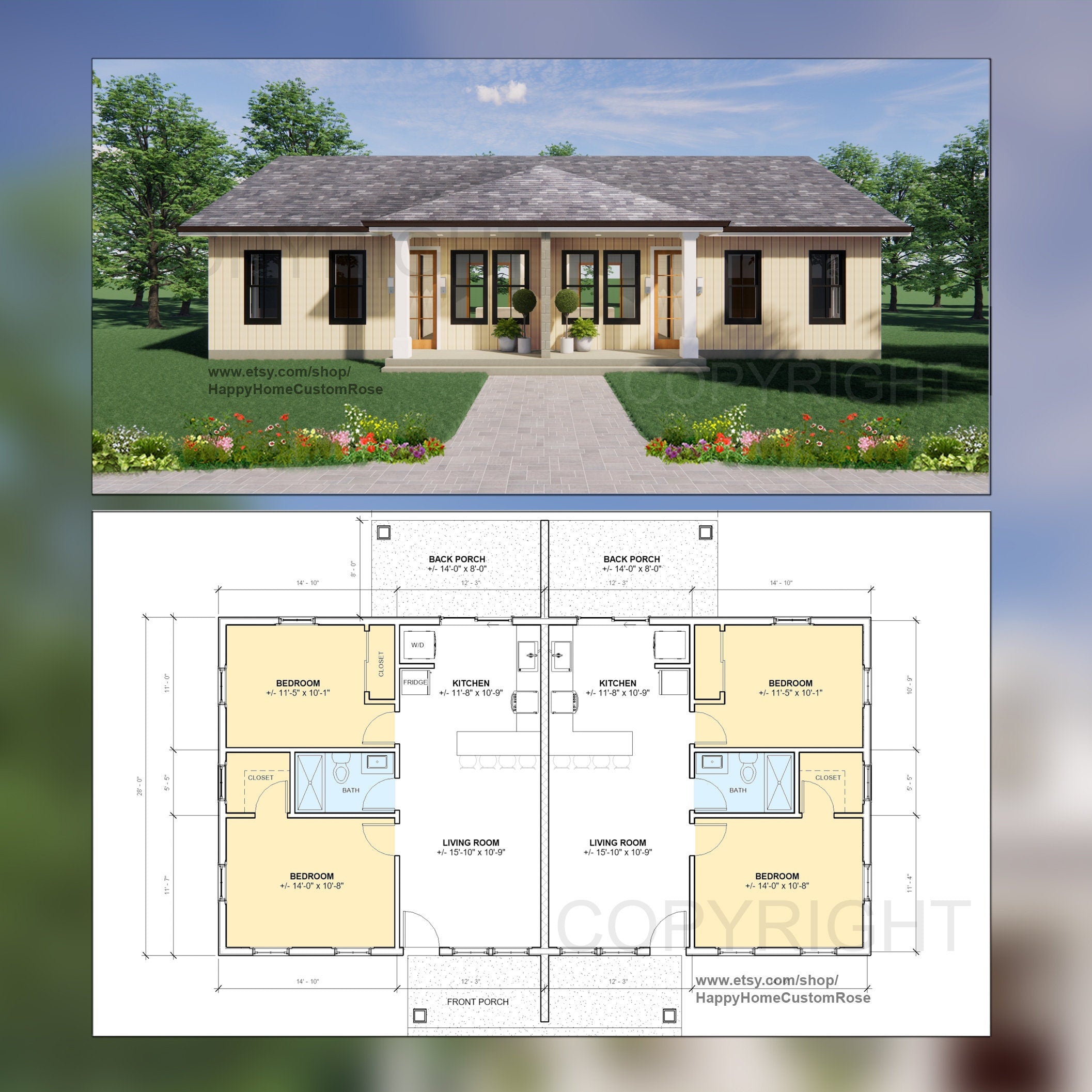 Hip Roof Duplex Investment Rental Plan - 2 Bed 1 bath - 756 SF - Modern Spacious Multifamily - Drawings Blueprints - Investment Property