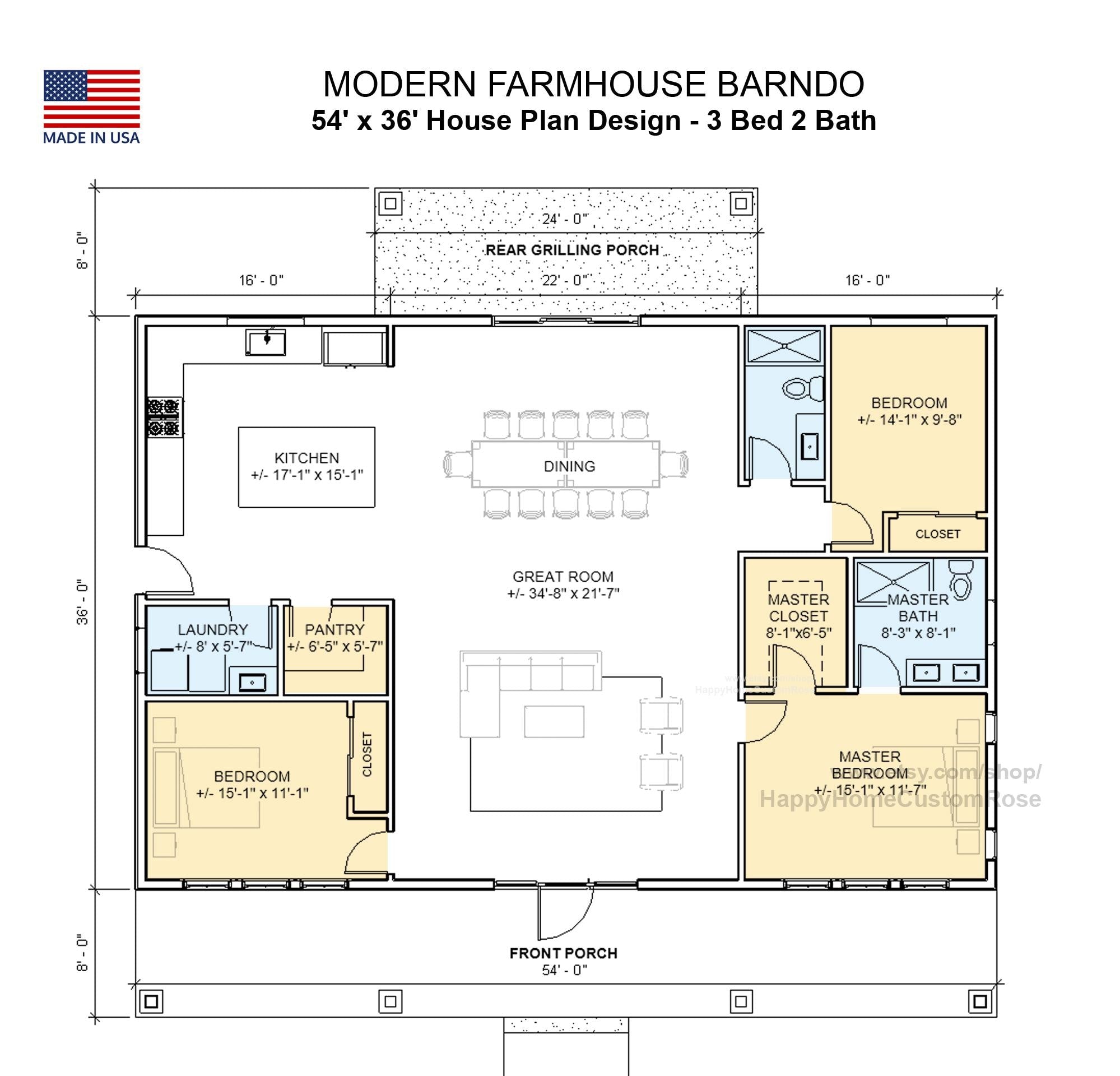 Bold Birch Barndominium Modern House Open Plan Design 54 x 36 - 3 Bed 2 Bath -  Drawings Blueprints