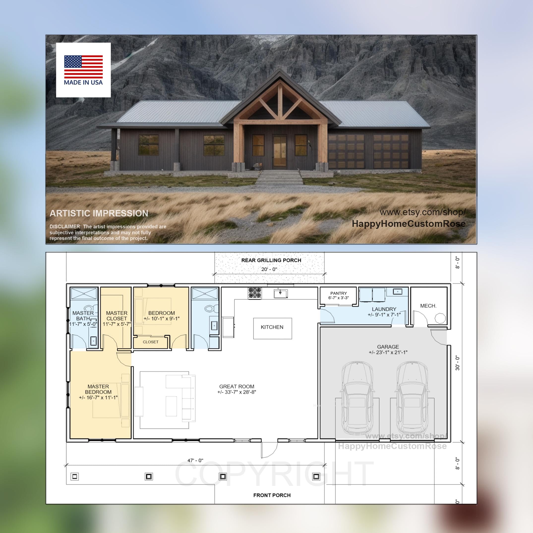 Enduring Elm Barndominium Modern House Open Plan Design 70 x 30 - 2 Bed 2 Bath -  Drawings Blueprints