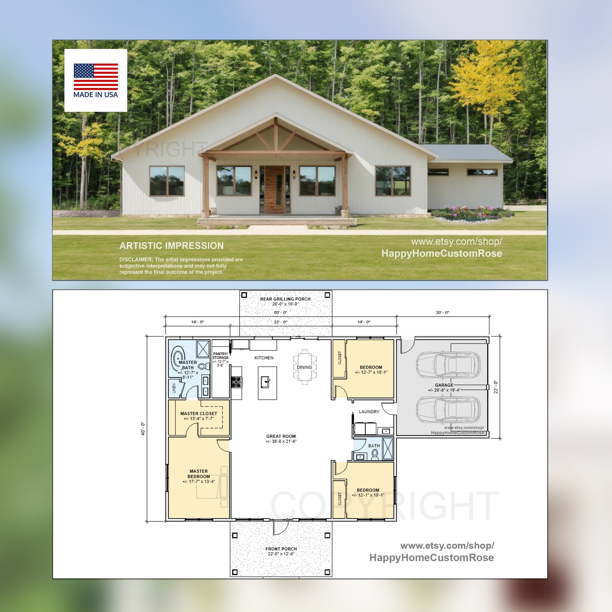 Grand Gable Barndominium Farmhouse - 70' x 40' House Plan Design - 3 Bed 2 Bath - Drawings Blueprints