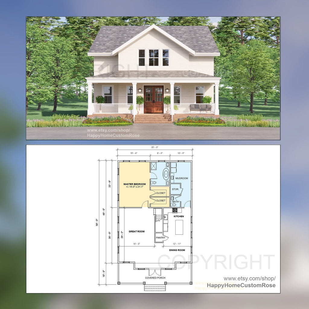 Tall Oak Country Style Farmhouse - Two Story  - 4 Bed 4 Bath - 58x35' - 3480 Square Feet -  Drawings Blueprints