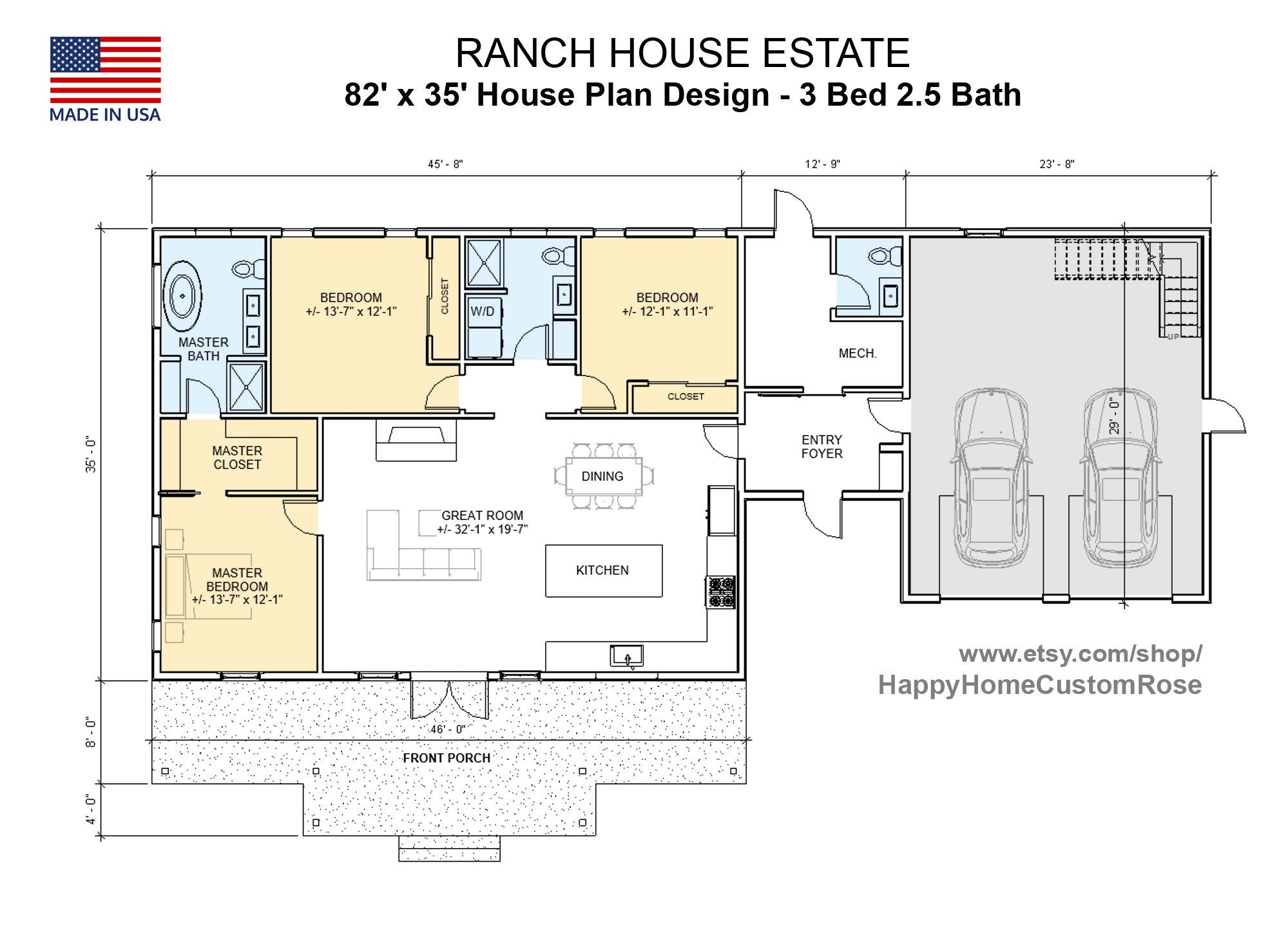Cypress Barndominium - 82' x 35' House Plan Design - 3 Bed 2.5 Bath 1870 SF - Drawings Blueprints