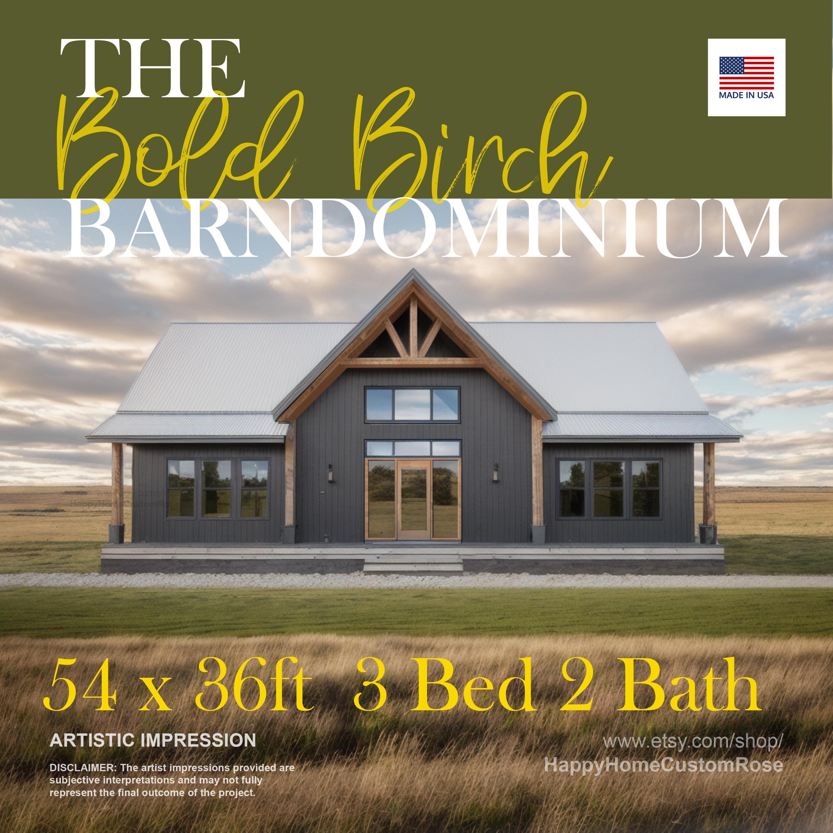 Bold Birch Barndominium Modern House Open Plan Design 54 x 36 - 3 Bed 2 Bath -  Drawings Blueprints