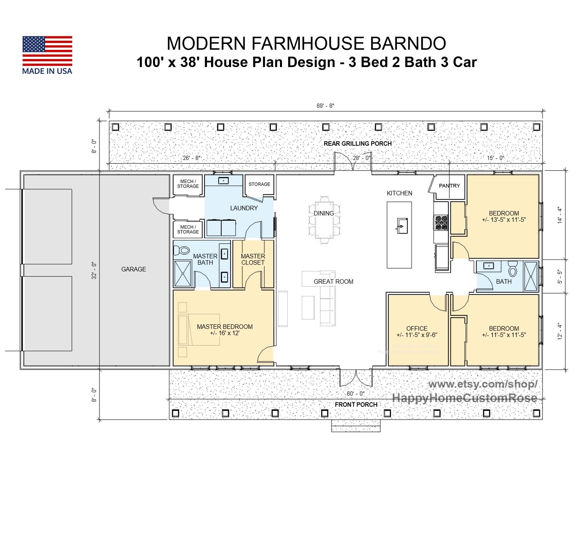 Cypress Point Barndominium - 84' x 32' House Plan Design - 3 Bed 2 Bath - Drawings Blueprints