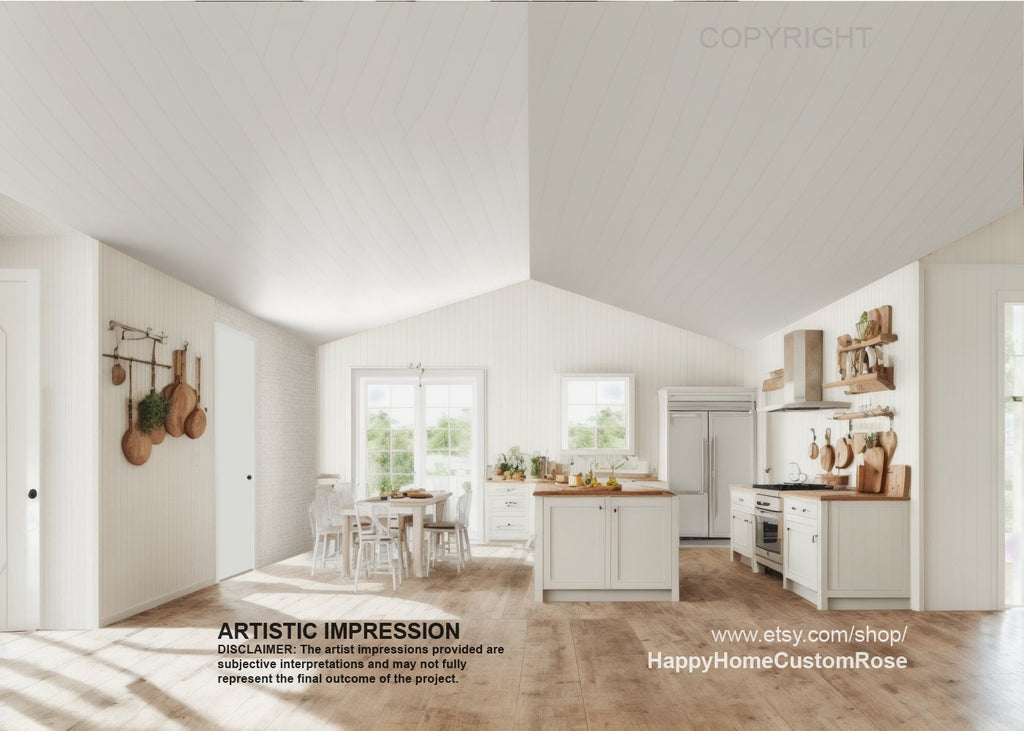 Farmhouse Barndominium - 60' x 57' House Plan Design - 3 Bed 3.5 Bath Office 1980 SF - Drawings Blueprints