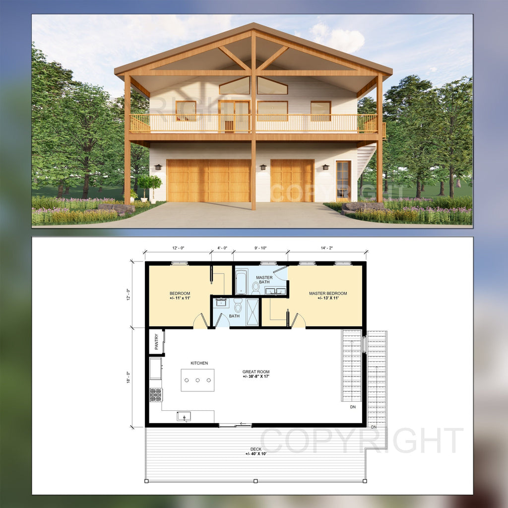 Big Sky Barndominium House Plan Design - 2 Bed 2 Bath 2400 sq ft - 3 Garage - EXPANSIVE DECK - Drawings Blueprints
