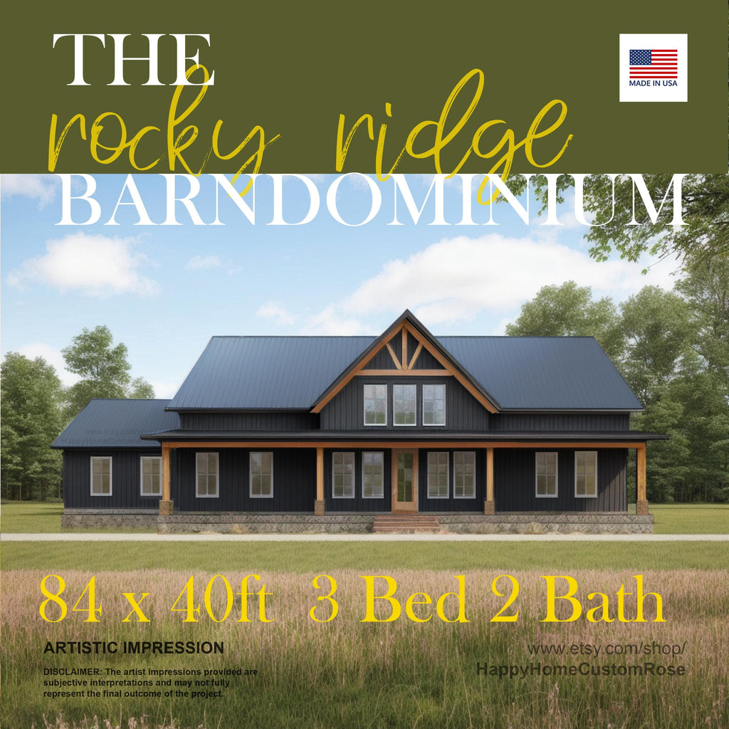Rocky Ridge Barndominium Modern House Open Plan Design 84 x 40 - 3 Bed 2 Bath -  Drawings Blueprints