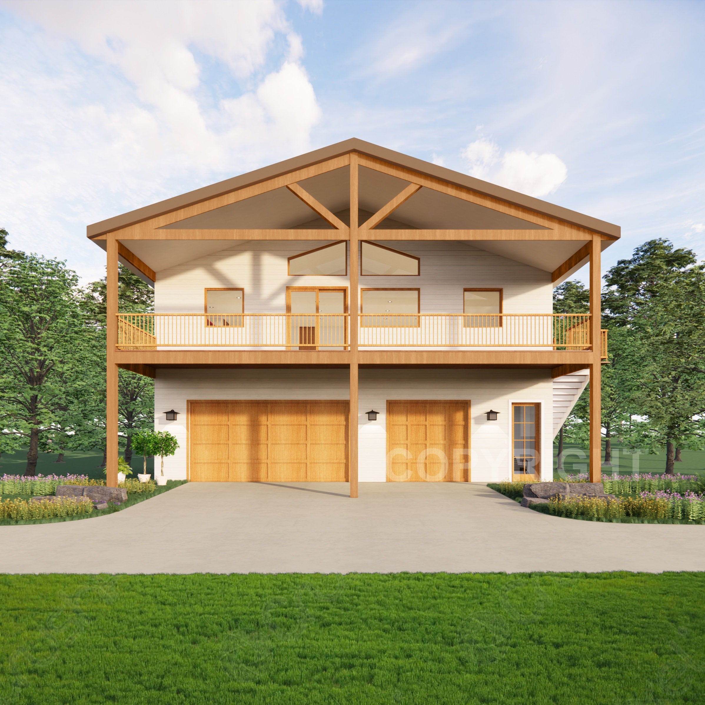 Big Sky Barndominium House Plan Design - 2 Bed 2 Bath 2400 sq ft - 3 Garage - EXPANSIVE DECK - Drawings Blueprints