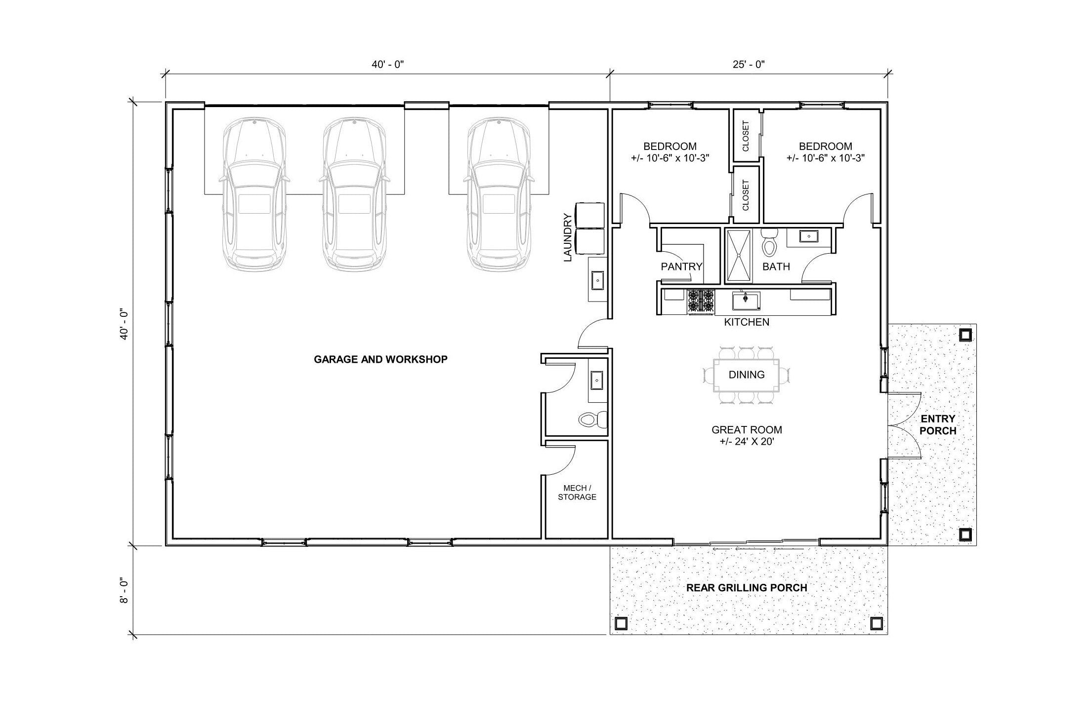 Ozark Compact Homestead Barndominium House Plan Design 65 x 40 - 2 Bed 1.5 Bath - 3 Garage -  Drawings Blueprints