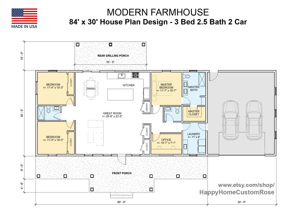 Harvest Farmstead Modern House Open Plan Design 84 x 30 - 3 Bed 2.5 Bath 2 Car -  Drawings Blueprints