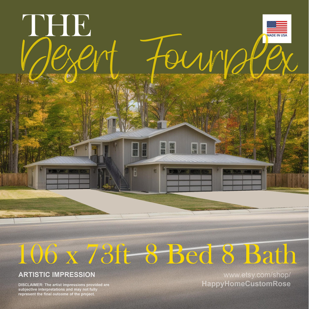 Hip Roof Fourplex Investment Rental Plan - 8 Bed 8 bath - Modern Spacious Multifamily - Drawings Blueprints - Investment Property