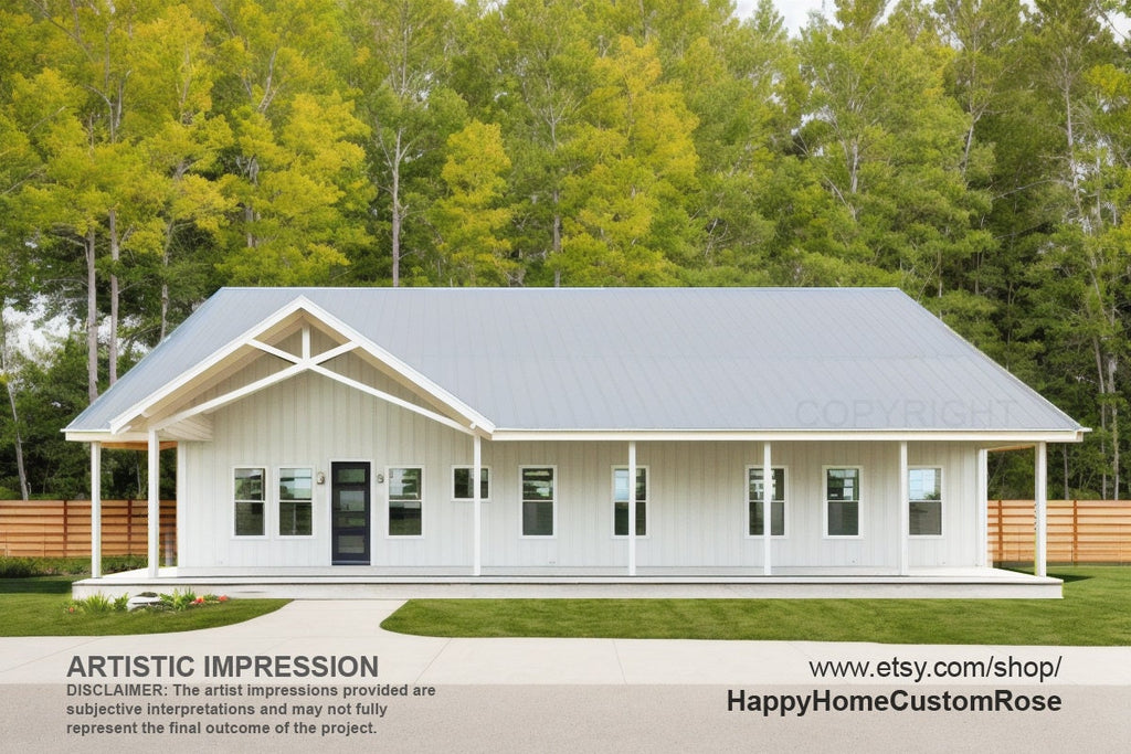 Luxury Farmhouse Barndominium - 64' x 40' House Plan Design - 2 Bed 2 Bath - Drawings Blueprints