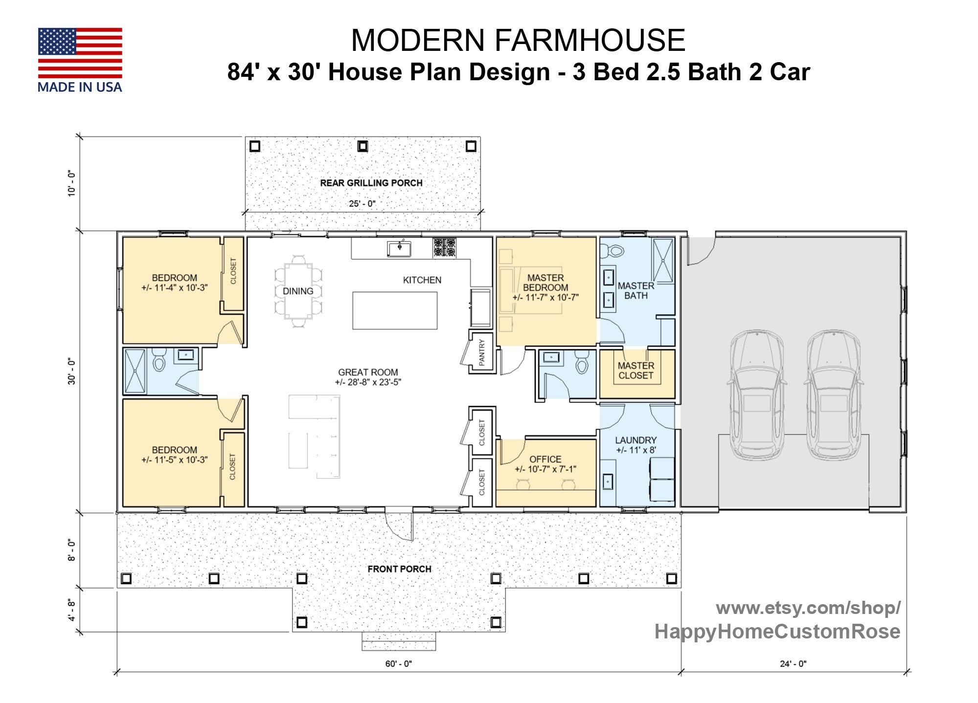 Harvest Farmstead Modern House Open Plan Design 84 x 30 - 3 Bed 2.5 Bath 2 Car -  Drawings Blueprints