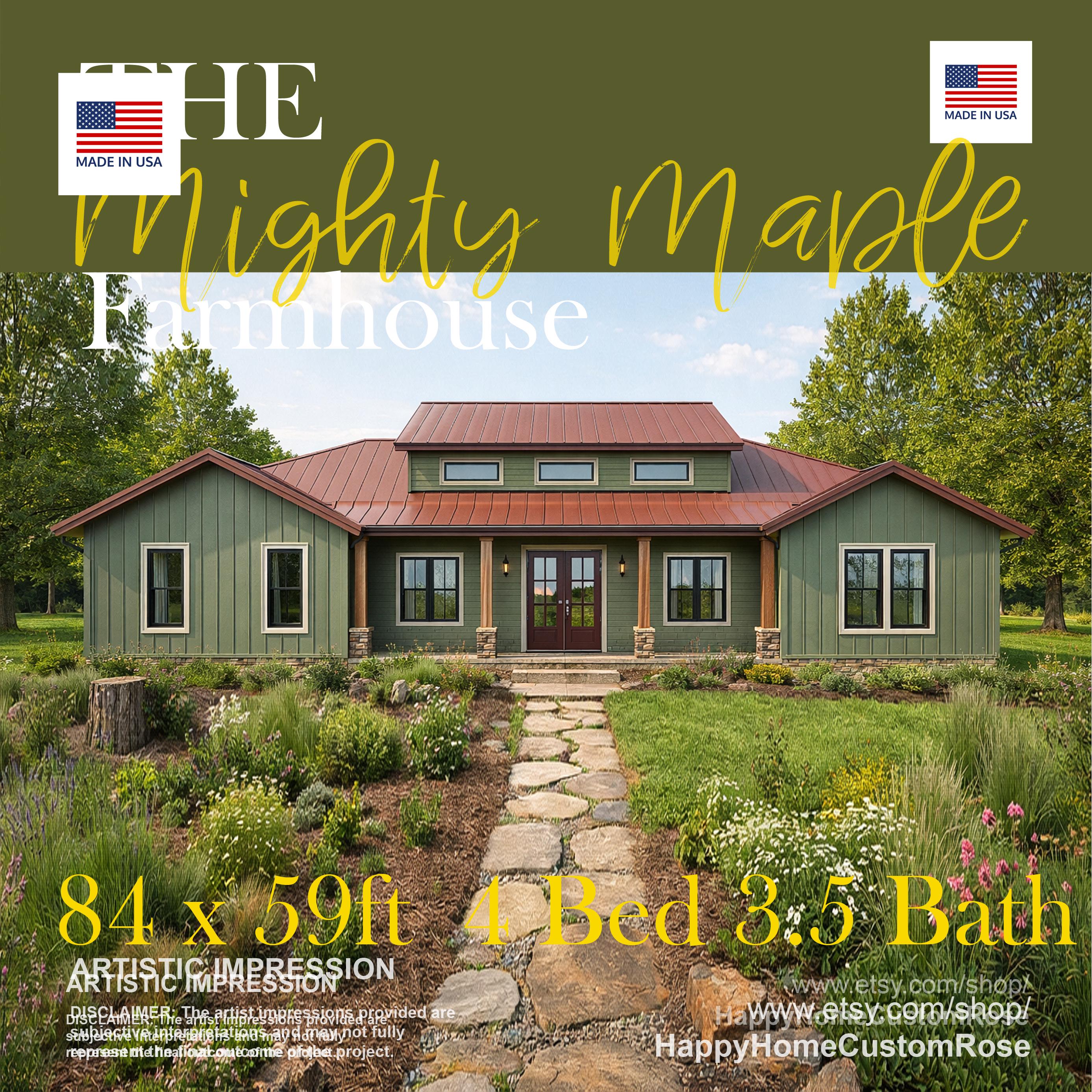 Mighty Maple Barndominium House Plan - 2636 SF, 4 Bed 3.5 Bath - Modern Open Floor Plan Blueprints