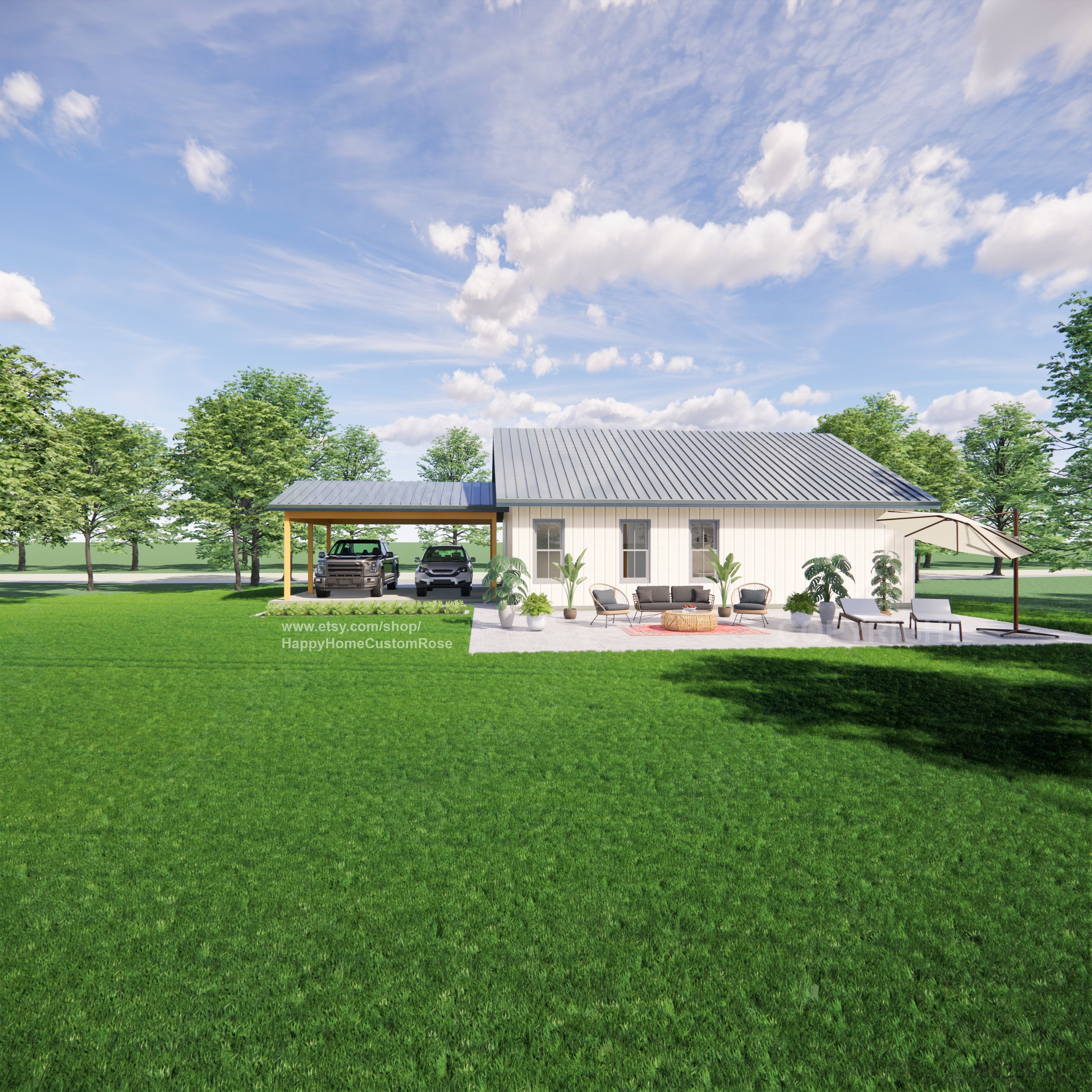 Idyllic Living Modern Barndrominium House Plans - Open Plan Design - 2 Bed 2 Bath 1170 Square Feet - Drawings Blueprints