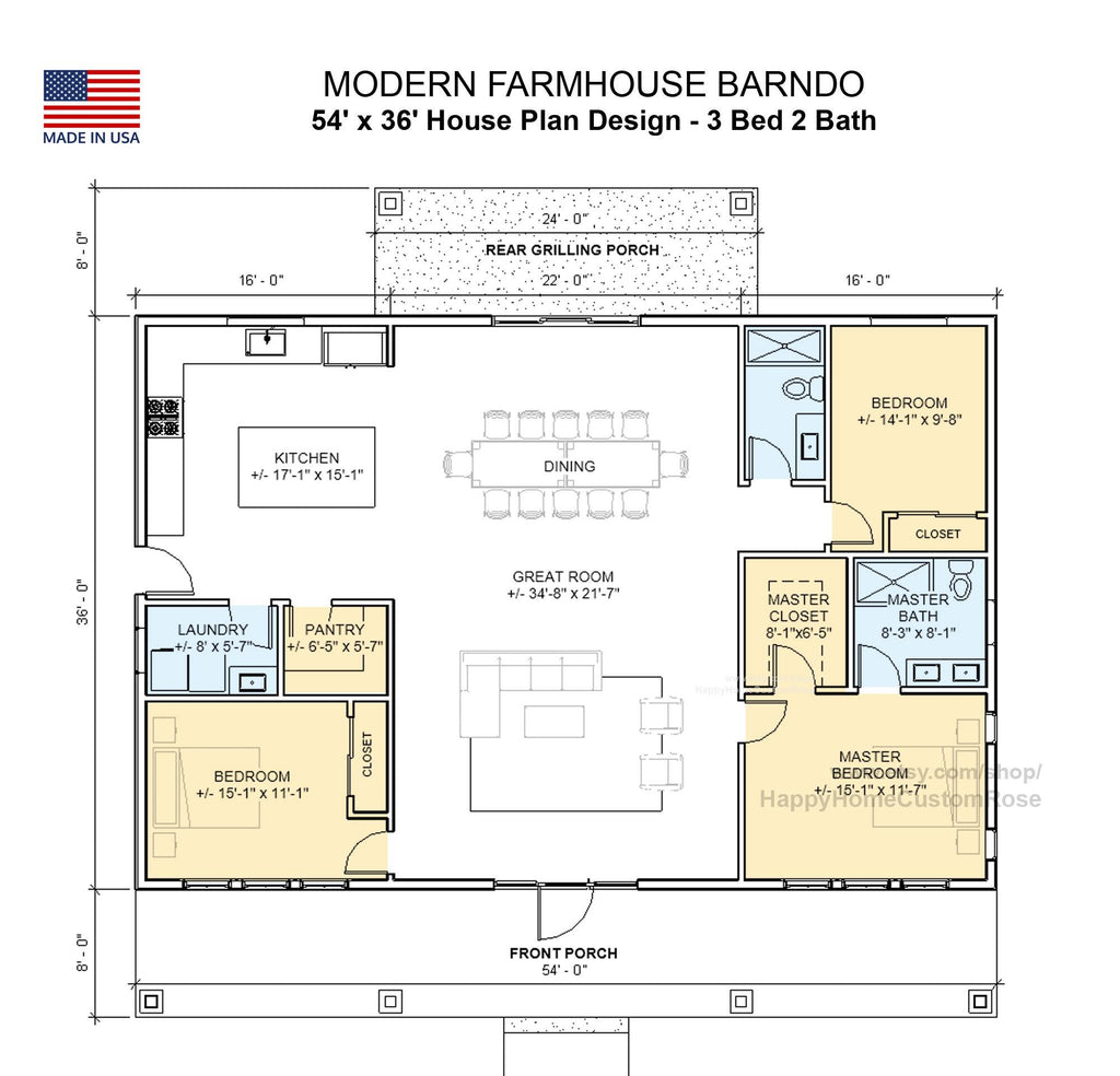 Bold Birch Barndominium Modern House Open Plan Design 54 x 36 - 3 Bed 2 Bath -  Drawings Blueprints