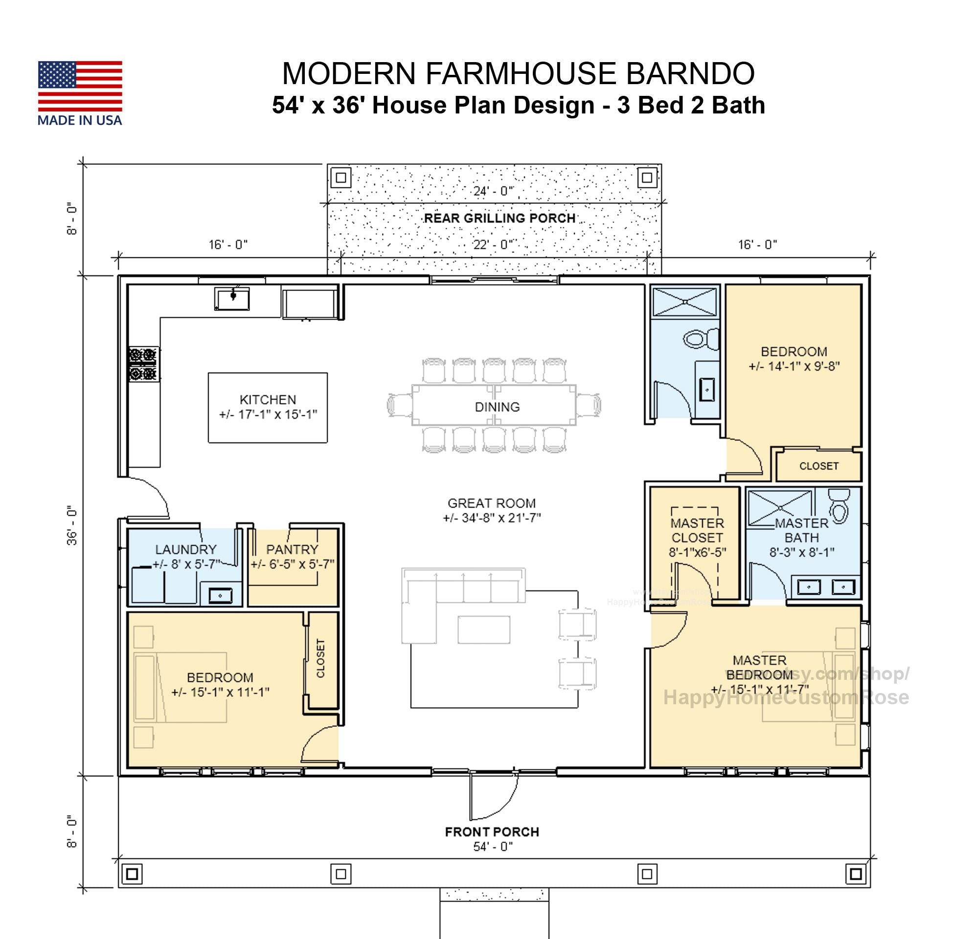 Bold Birch Barndominium Modern House Open Plan Design 54 x 36 - 3 Bed 2 Bath -  Drawings Blueprints