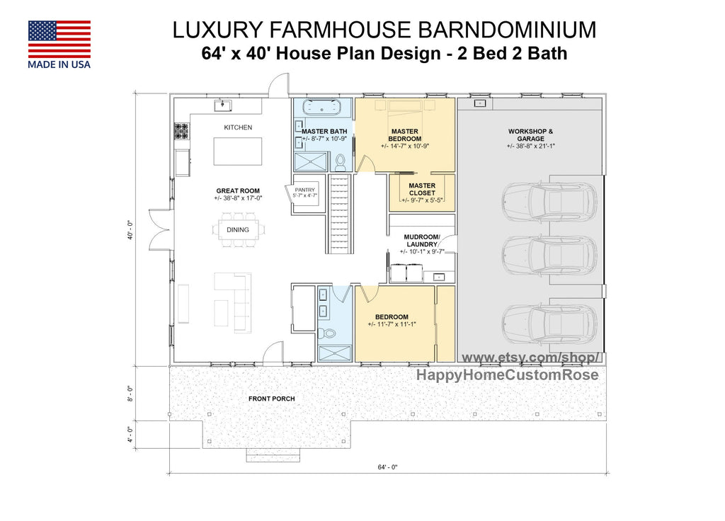 Luxury Farmhouse Barndominium - 64' x 40' House Plan Design - 2 Bed 2 Bath - Drawings Blueprints