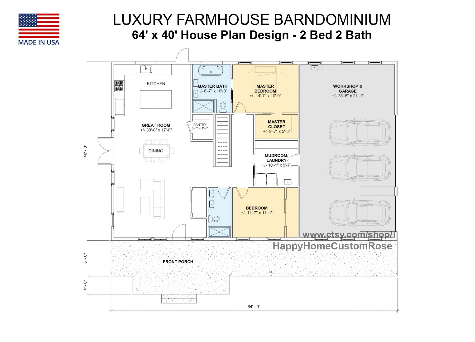Luxury Farmhouse Barndominium - 64' x 40' House Plan Design - 2 Bed 2 Bath - Drawings Blueprints