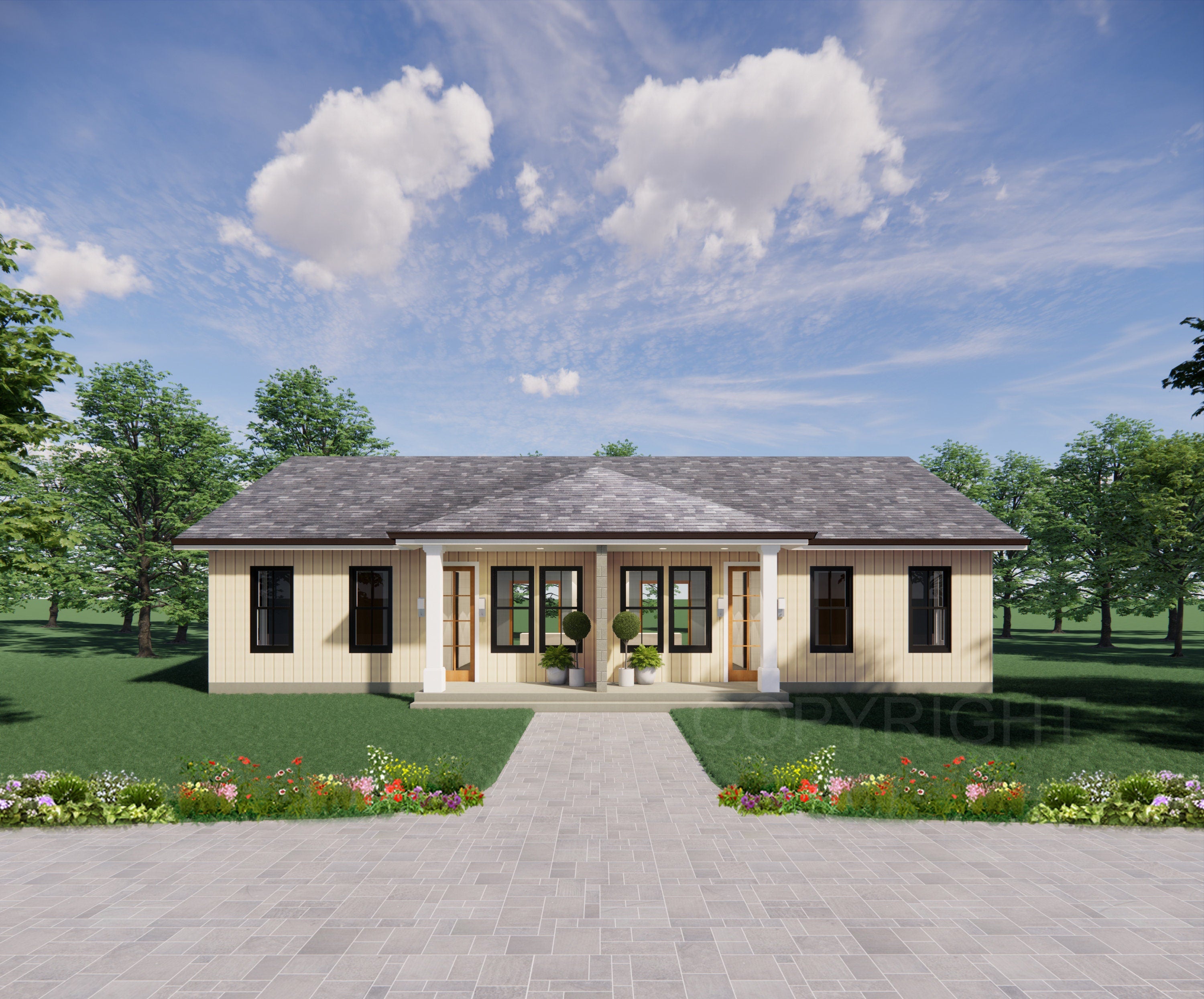 Hip Roof Duplex Investment Rental House Plan Design - 1820 SF - Modern Spacious Multifamily - Drawings Blueprints - Investment Property