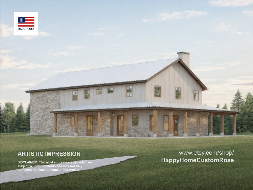 Farmhouse Barndo House Plan - 68x38, 3 Bed 3 Bath with 2-Car + RV Garage - Modern Blueprints