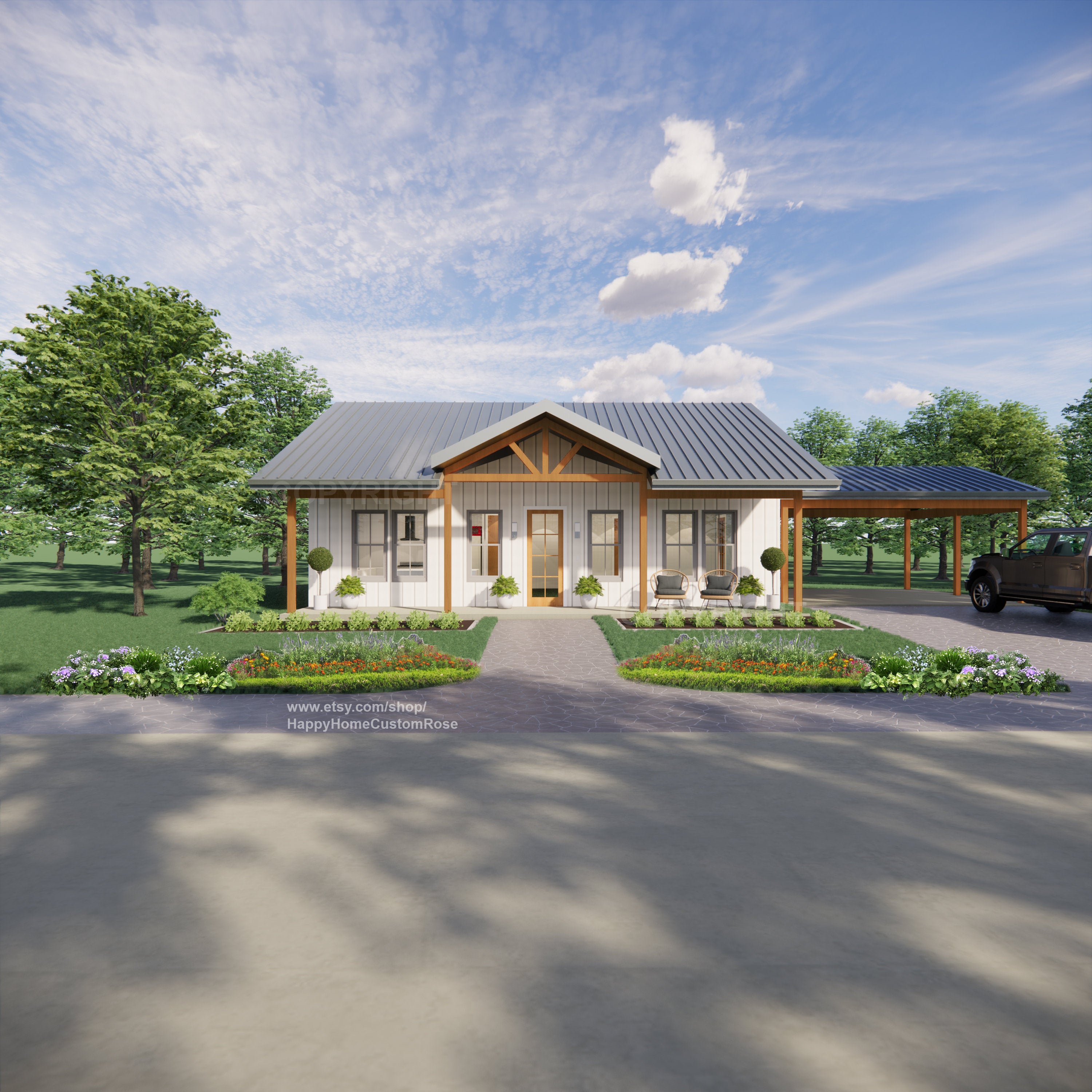 Idyllic Living Modern Barndrominium House Plans - Open Plan Design - 2 Bed 2 Bath 1170 Square Feet - Drawings Blueprints